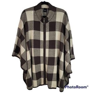 Rafaella Women's Size 1X Brown Buffalo Check Boxy Zip Front Sweater Poncho